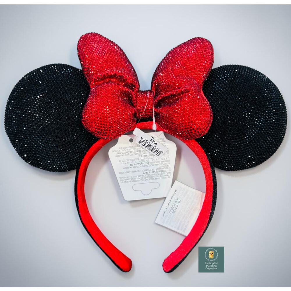 2026 Disney Parks Black Rhinestone Minnie Mouse Ears Red Bow Headband NWT